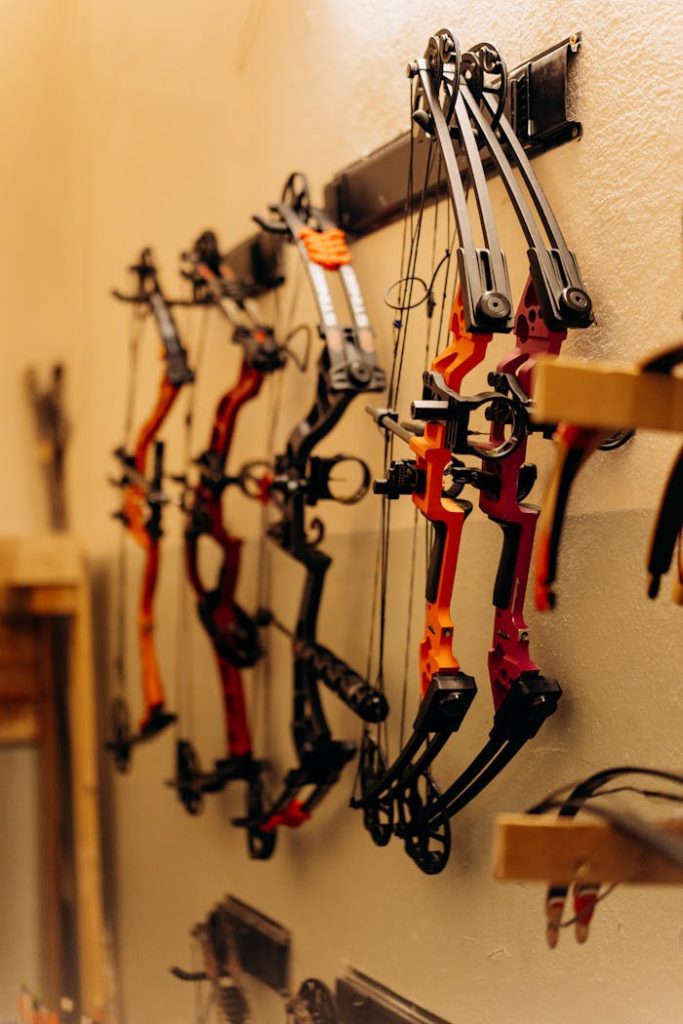 A lineup of compound bows on a wall-mounted rack, showcasing modern archery equipment.